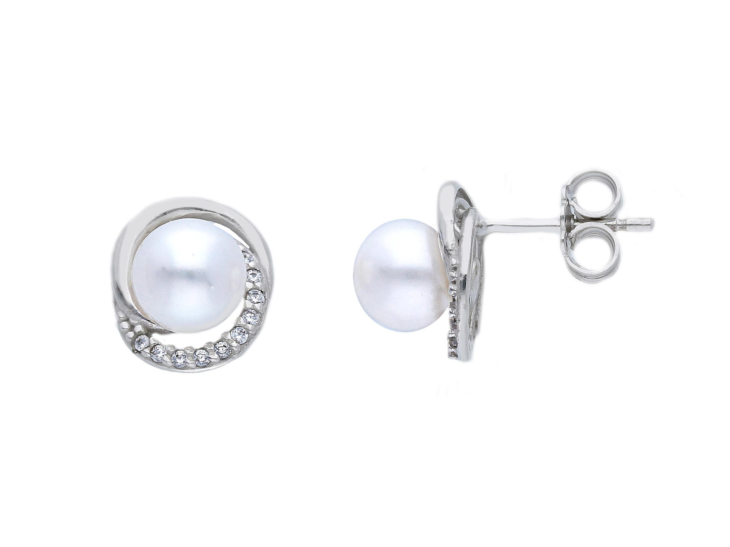 White gold earrings 9k with pearls and zircon  (code S173611)